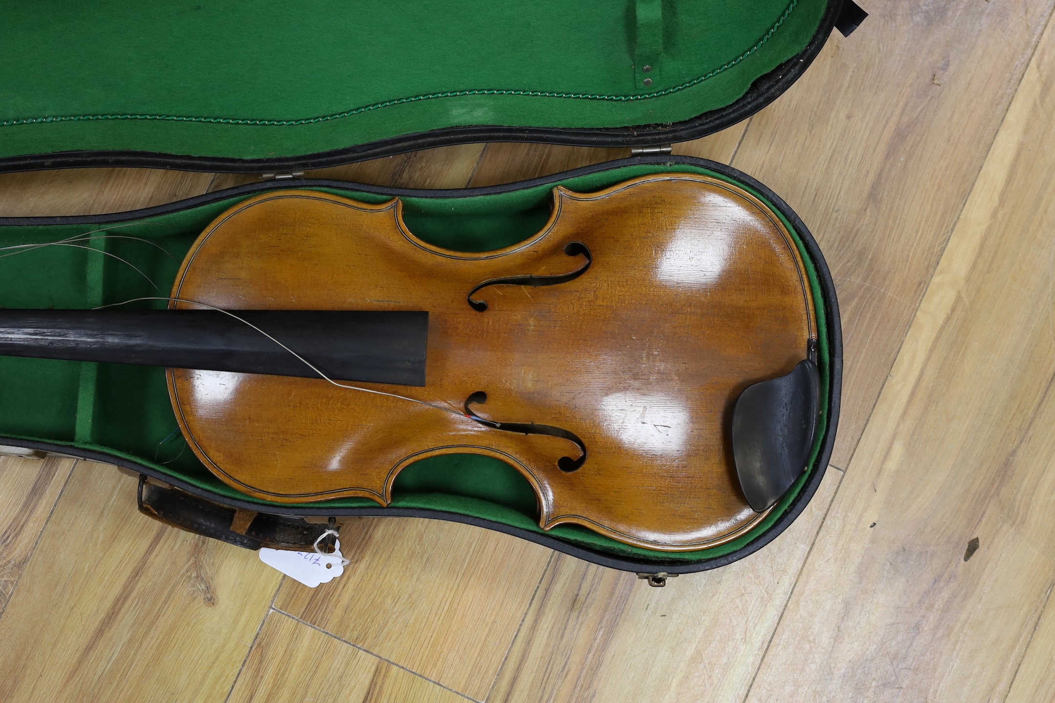 A cased viola, un-numbered, length of back 42cm